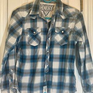 Guess Boy Dark Blue and White Plaid Shirt